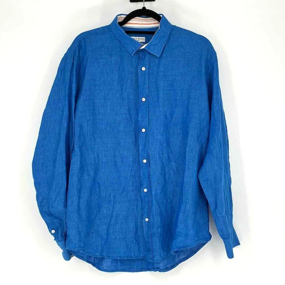 Angela Romano Amalfi Men's Cobalt Blue Long Sleeve Linen Button Up Shirt -  XL